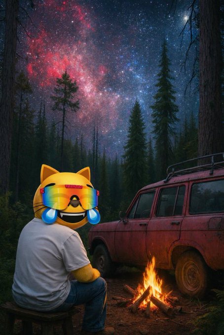 A surreal digital artwork showing a cat-like figure with a rainbow visor sitting by a campfire near a red SUV in a pine forest under a starry galaxy sky.