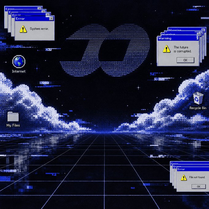 A retro-style 'vaporwave' desktop wallpaper features a starry night sky, clouds, and a grid horizon, overlaid with Windows-style error dialog boxes reading 'System error,' 'Warning: The future is corrupted,' and 'Error: File not found.'