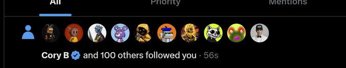 A Twitter/X notification bar shows 'Cory B ✓ and 100 others followed you · 56s' with several profile pictures displayed.