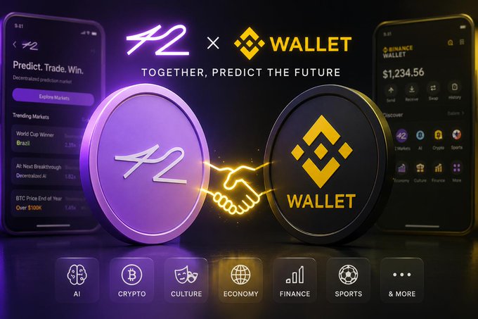 The image features a poster for a cryptocurrency called Bonding Curve, which has been predicted to grow by 42%. The poster includes two coins, one purple and one yellow, symbolizing the partnership between 42% and Wallet. The text on the poster emphasizes that together they will predict the future of wallet currency.