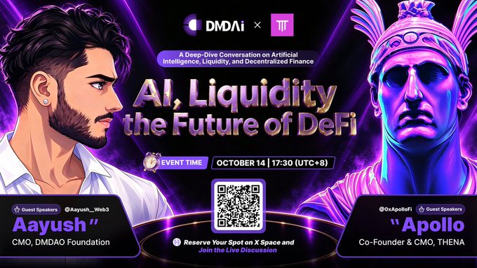 https://example.com/image7.jpg

An event flyer for 'AI, Liquidity, the Future of DeFi' - a deep-dive conversation on AI and Decentralized Finance featuring guest speakers Aayush (CMO, DMDAO Foundation) and Apollo (Co-Founder & CMO, THENA), scheduled for October 14 at 17:30 (UTC+8) on X Space.