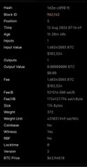 A dark-themed technical analysis panel showing data fields for a Block ID (962542), inputs of 1.68 BTC ($107,358.88), output of 0.00090000 BTC ($72.03), and various network metrics.