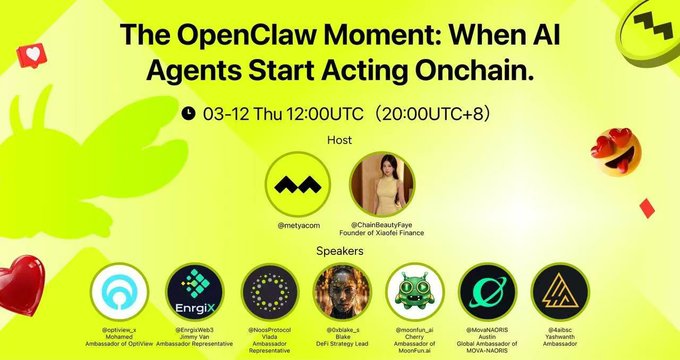 A promotional graphic for a Twitter/X Space titled "The OpenClaw Moment: When AI Agents Start Acting Onchain," scheduled for March 12 at 12:00 UTC (20:00 UTC+8), featuring a lobster theme with a yellow background and green claw illustrations. The event is hosted by @metayacom and @CharlBeauFaye (Founder of Klede Finance), with speakers including @optiovee1, @Englix, @moo3protocol, @0xbake, @morfun_ai, @MovuNAORIS, and @448sc, who represent various AI and blockchain projects.