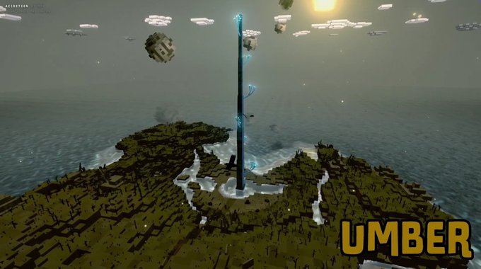 A video game screenshot showing a pixelated landscape with a tall, glowing blue tower in the center, floating islands in the sky, and the word 'UMBER' in yellow text in the bottom right corner.