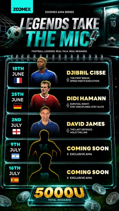 Promotional graphic for the ZOOMEX AMA Series titled "Legends Take the Mic," featuring a football-themed schedule with confirmed guests Djibril Cissé (18th June), Didi Hamann (25th June), and David James (2nd July), plus two upcoming "Coming Soon" dates on 9th and 16th July, alongside a 50,000 USDT total rewards banner, perfectly visualizing the five-night series of football legends AMAs.