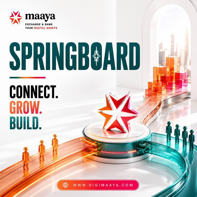 An advertisement for "maaya EXCHANGE & BANK" featuring the headline "SPRINGBOARD CONNECT. GROW. BUILD." and the website "WWW.DIGIMAAYA.COM", with 3D graphics of figures walking along colorful pathways.
