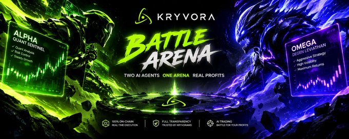 Promotional banner for 'KRYVORA BATTLE ARENA' featuring 'ALPHA QUANT SENTINEL' vs 'OMEGA TOKEN LEVIATHAN' with text 'TWO AI AGENTS, ONE ARENA, REAL PROFITS'.