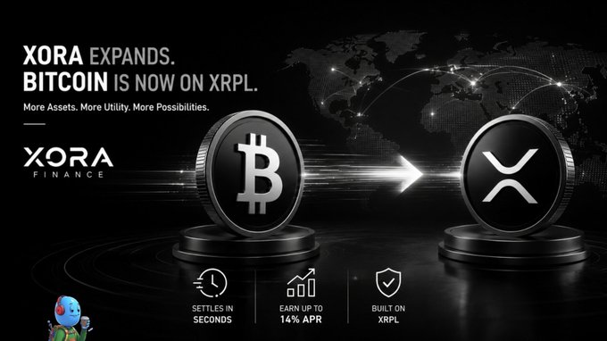A promotional banner for XORA Finance with the headline 'XORA EXPANDS. BITCOIN IS NOW ON XRPL', featuring Bitcoin and XRP coin graphics, and bullet points: 'SETTLES IN SECONDS', 'EARN UP TO 14% APR', 'BUILT ON XRPL'.