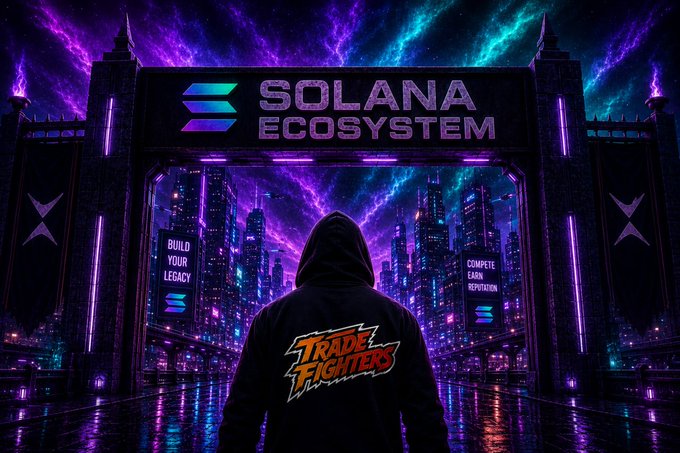 A cyberpunk-style digital artwork displays a hooded figure with a 'TRADE FIGHTERS' logo on their back, facing a neon-lit cityscape with a gate labeled 'SOLANA ECOSYSTEM' and signs reading 'BUILD YOUR LEGACY' and 'COMPETE EARN REPUTATION'.