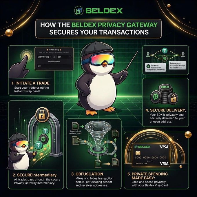 An infographic titled 'HOW THE BELDEX PRIVACY GATEWAY SECURES YOUR TRANSACTIONS' features a penguin mascot with sunglasses illustrating a five-step process for crypto privacy.
