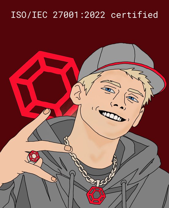 An anime-style illustration of a blonde man wearing a cap and chain, smiling and gesturing toward a red hexagonal logo, with text reading "ISO/IEC 27001:2022 certified" at the top.