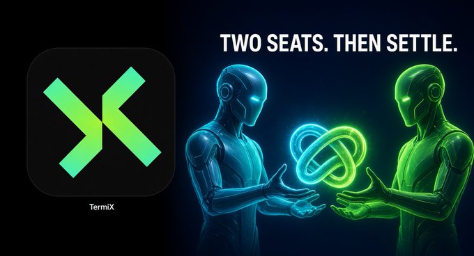 A promotional graphic features the TermiX app logo next to two robots holding a glowing knot, with the tagline 'TWO SEATS. THEN SETTLE.'
