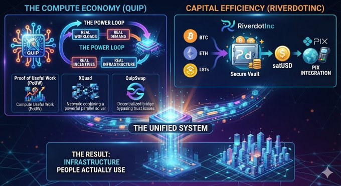 A technical diagram titled 'THE UNIFIED SYSTEM' connects 'THE COMPUTE ECONOMY (QUIP)' — featuring the Power Loop, Proof of Useful Work (PoUW), XQuad, and QuipSwap — with 'CAPITAL EFFICIENCY (RIVERDOTINC)' showing BTC, ETH, LSTs flowing into a Secure Vault for saUSD and PIX integration, resulting in 'INFRASTRUCTURE PEOPLE ACTUALLY USE.'