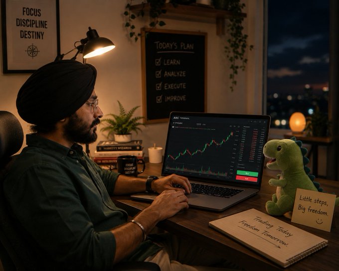 An illustration of a man in a turban trading cryptocurrency on a laptop at night, with 'Today's Plan' (Learn, Analyze, Execute, Improve) on a chalkboard and a dinosaur plush beside him with a note reading 'Little steps, Big freedom.'