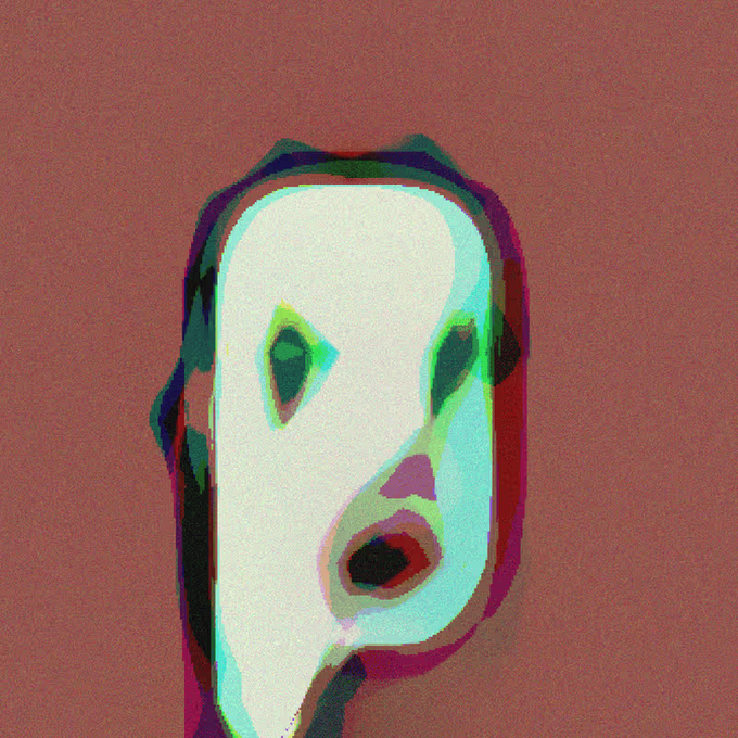 An abstract, distorted digital artwork featuring a face-like shape with a teal outline against a brown background.