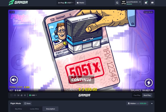 A screenshot of the Gamba crypto casino platform displays a "Flight Mode" game result with a winning multiplier of "5051x," a total win of $3,030.60, and a bet of $0.60, with the username "goro170nICK" visible at the top. The image relates to the post by showcasing a massive multiplier win, demonstrating the platform's potential for explosive payouts.