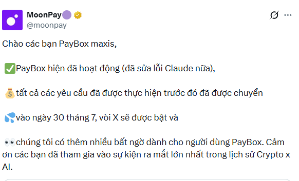 A tweet from MoonPay (@moonpay) in Vietnamese announcing PayBox functionality and upcoming features for users.