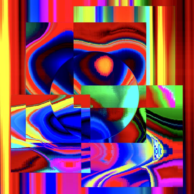 An abstract digital artwork featuring overlapping rectangles of swirling, fluid colors in vibrant red, blue, green, yellow, and magenta.
