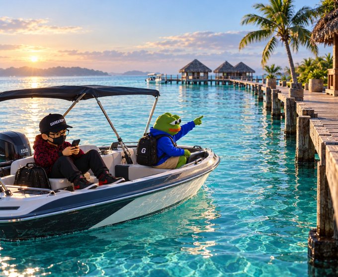 A masked man with a 'GIVENCHY' cap checks his phone while a green frog mascot points toward tropical overwater bungalows from a small motorboat at sunset.