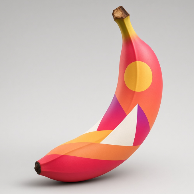 A stylized 3D render of a banana with a colorful geometric pattern of pink, orange, yellow, and purple shapes on a plain light background.
