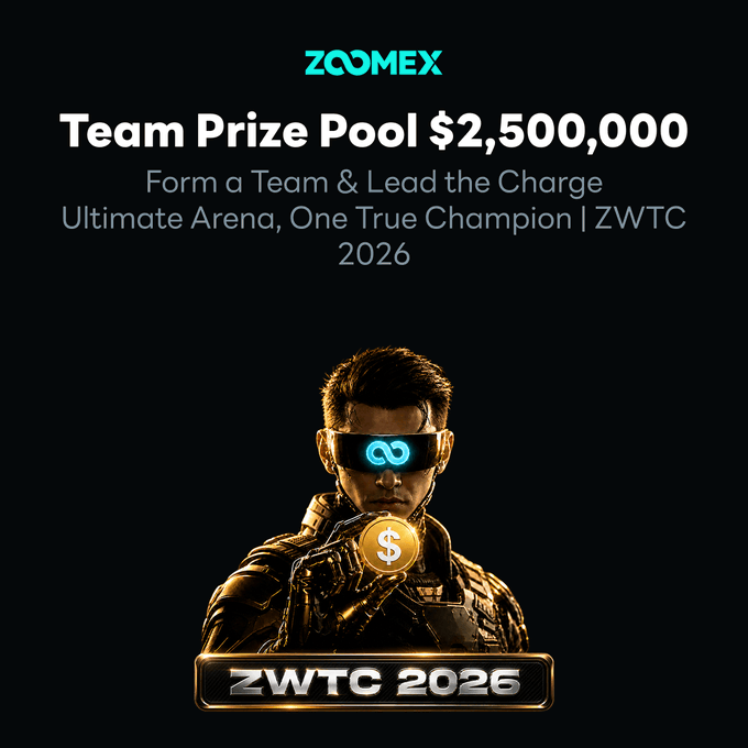 A promotional graphic for ZOOMEX's ZWTC 2026 trading competition showcases a futuristic figure in glowing VR-style glasses holding a gold dollar coin, with bold text announcing a "Team Prize Pool $2,500,000" and the tagline "Form a Team & Lead the Charge - Ultimate Arena, One True Champion."

The image visually reinforces the post by highlighting ZOOMEX's ZWTC 2026 event and its team-based Captain Track prize pool, tying the futuristic trading champion imagery to the $5,000,000 USDT total prize pool and squad-based competition mentioned.