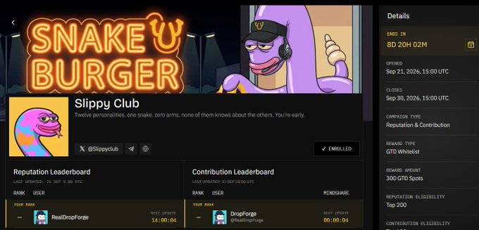 A campaign page for 'Snake Burger' Slippy Club showing details including an 8-day countdown, 300 GTD Spots reward, and top 200 reputation eligibility, with leaderboards for Reputation and Contribution.