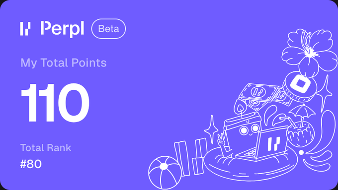 A purple Perpl Beta dashboard showing "My Total Points: 110" and "Total Rank: #80" with white line illustrations of various lifestyle items.