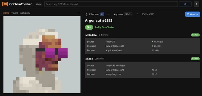 A screenshot of the OnChainChecker website displaying 'Argonaut #6293', an ERC-721 token with metadata showing 'tokenURI' using 'Data URI (Base64)' and 'application/json' format, alongside a pixelated image of a purple and brown character.