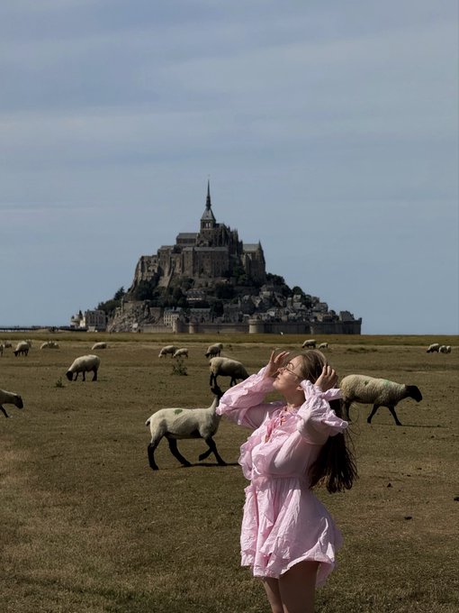 A photograph of a woman in a pink dress posing in a grassy field with sheep, with the iconic Mont Saint-Michel abbey visible in the background under a clear sky.