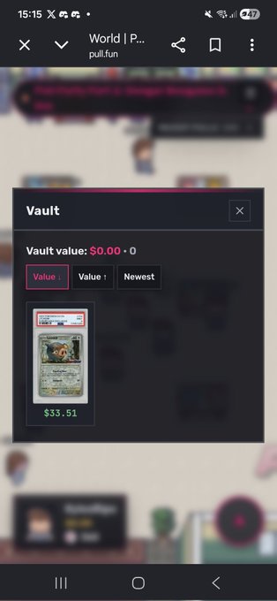 A mobile screenshot of pull.fun showing a 'Vault' popup with a vault value of $0.00 and a card displayed with a value of $33.51.