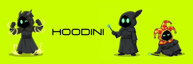 Three hooded, glowing-eyed character mascots in different poses (one with magical energy, one holding a wand, and a smaller jester-hooded figure) appear alongside the stylized "HOODINI" text on a bright green background, promoting a scheduled appearance on OpenSea.