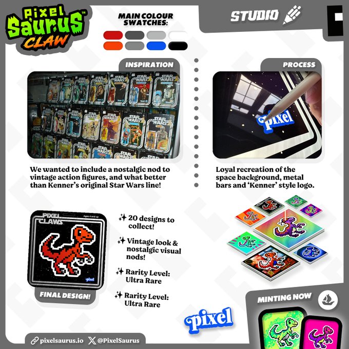 The image shows a poster for a collection of Pixel Claws designs, inspired by vintage Star Wars action figures. The poster features various designs related to the 'Pixel Claws' collection, including a dinosaur design, a robot design, and other Star Wars-themed items. The text on the poster includes information about the collection, such as the number of designs available (20) and how to access them (mint YOUR Claw's).