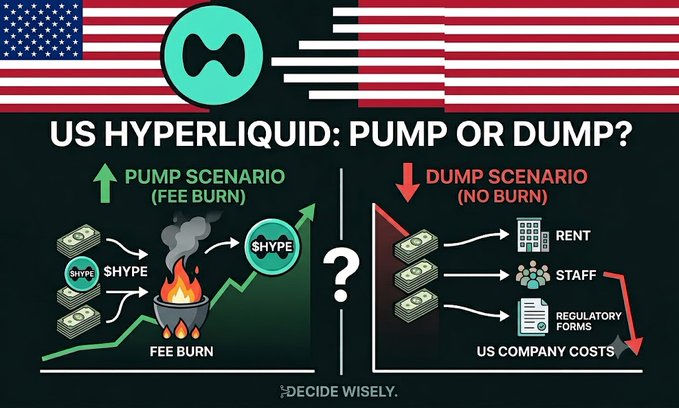 An infographic titled 'US HYPERLIQUID: PUMP OR DUMP?' contrasts a 'PUMP SCENARIO (FEE BURN)' showing $HYPE coins fueling a price increase against a 'DUMP SCENARIO (NO BURN)' where funds go to rent, staff, and regulatory forms, set against American flags.