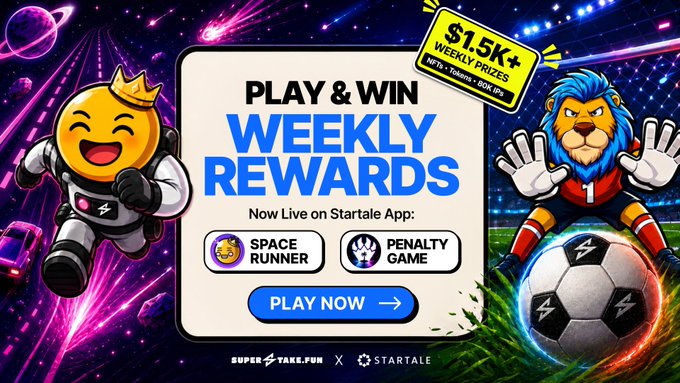 A vibrant promotional banner advertises "Play & Win Weekly Rewards" now live on the Startale App, featuring Space Runner and Penalty Game alongside an astronaut emoji and a lion character, with a yellow tag highlighting "$1.5K+ Weekly Prizes" in NFTs and tokens, perfectly complementing the post's call to grind Soneium through playing SpaceRiders and LazyLions NFT games for multipliers and loot boxes.