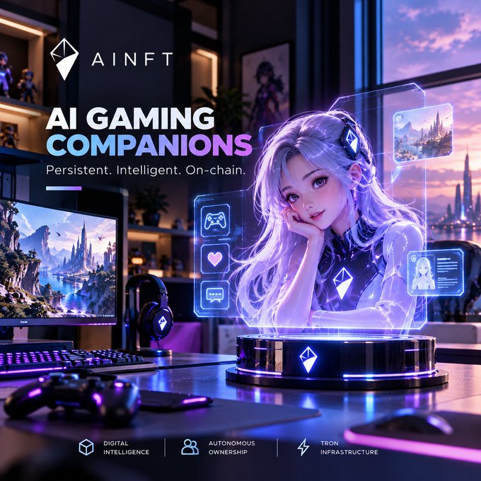 A promotional graphic for AINFT titled "AI GAMING COMPANIONS - Persistent. Intelligent. On-chain" showing an anime-style female character as a hologram on a gaming desk setup.