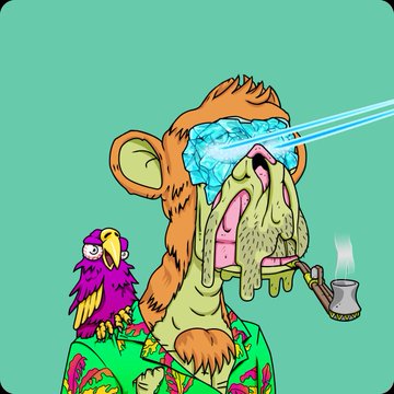 A cartoon illustration of a stoned monkey with glowing blue ice-cream cone eyes, drooling, smoking a pipe, with a colorful parrot perched on its shoulder, wearing a floral Hawaiian shirt.