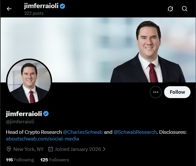 This image shows an Instagram-style profile page for "jimferraioli" (@jimferraioli), identified as Head of Crypto Research at Charles Schwab (@CharlesSchwab and @SchwabResearch), based in New York, NY, with 116 following and 125 followers. The post content suggests this is promoting a $DOG cryptocurrency, urging the "DOG Army" to recognize Jim Ferraioli for his work on a video about Runes and Ordinals, framing the profile as relevant to crypto/financial commentary.