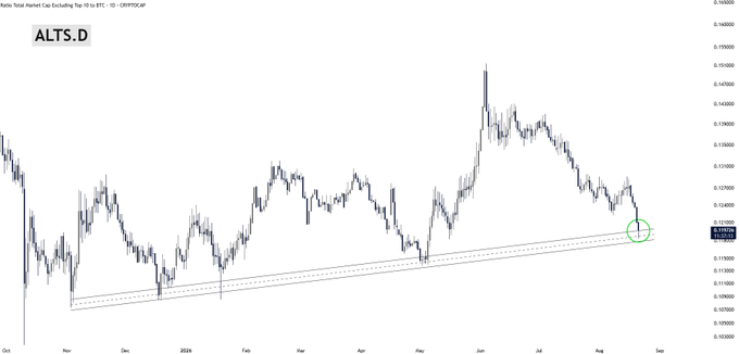A candlestick chart of ALTS.D (altcoin market dominance excluding the top 10) shows a recent bounce off a long-term ascending trendline around the 0.5275 level (highlighted by a green circle), suggesting altcoins may be gaining relative strength against Bitcoin. The chart's recent price action at a key support zone aligns with the post's thesis that alts are poised for a rally as Bitcoin consolidates.