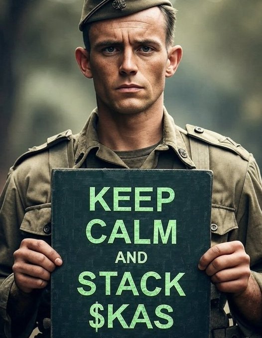 Stylized image of a soldier in uniform holding a sign that reads 'KEEP CALM AND STACK $KAS'.