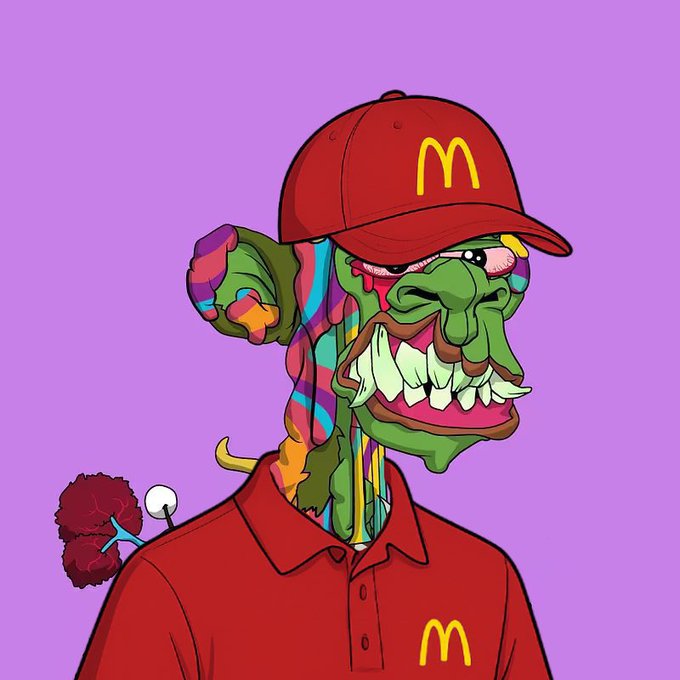 The image features a McDonald's employee-style character—a grotesque, green-skinned creature with mismatched eyes and sharp teeth wearing a red cap and polo shirt, both prominently displaying the yellow "M" McDonald's logo. Notably, a bloody eyeball on a stem sticks out near the shoulder (referencing the "Eye of Sauron"), and the post's "Can I get a GM?" is a play on words mixing McDonald's ("getting a number") with crypto/finance slang for "good morning."