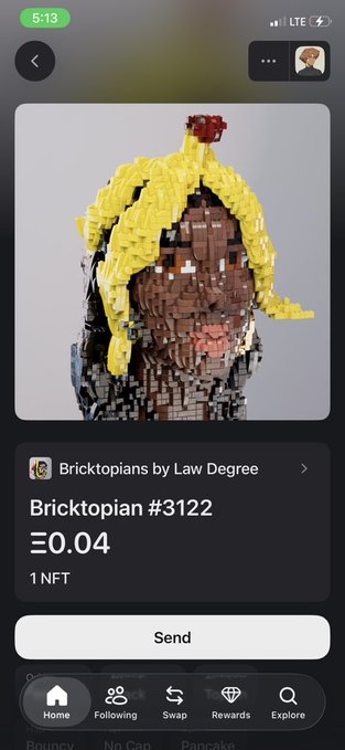 A mobile screen displays an NFT marketplace listing for "Bricktopian #3122" from the "Bricktopians by Law Degree" collection, priced at Ξ0.04, featuring a pixelated 3D character with yellow hair and dark skin. The image directly showcases the user's owned "Brick 3122" mentioned in their post, highlighting their support for the OG NFT collection.