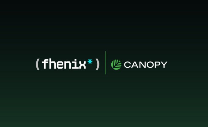 A dark green screen displaying two logos: '(fhenix*)' in white and 'CANOPY' with a green leaf icon.