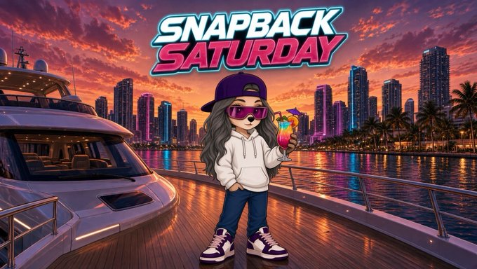 A stylized cartoon illustration titled 'SNAPBACK SATURDAY' featuring an anthropomorphic dog character wearing a backwards cap, sunglasses, and sneakers, holding a tropical drink on a yacht deck with a city skyline at sunset.