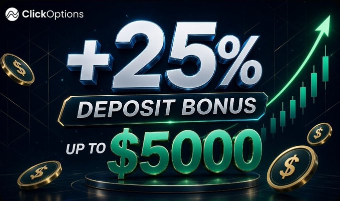 A promotional graphic for ClickOptions advertising a "+25% DEPOSIT BONUS" up to "$5000," featuring floating gold coins and an upward-trending green candlestick chart to symbolize trading growth. The image visually reinforces the post's offer of a 25% extra bonus on deposits, with the rising chart emphasizing profit potential and the coins highlighting the financial incentive.