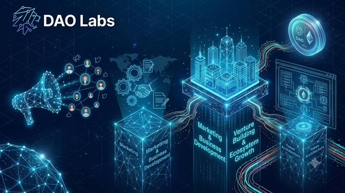 A digital marketing banner for 'DAO Labs' featuring a blue technological theme with interconnected nodes, a megaphone, a cityscape, and floating cubes labeled 'Marketing & Business Development', 'Venture Building & Ecosystem Growth', and 'Token Architecture'.