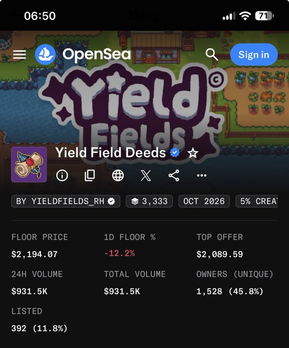 An OpenSea NFT marketplace screenshot for 'Yield Field Deeds' collection by YIELDFIELDS_RH, showing a floor price of $2,194.07, 1D floor change of -12.2%, and 24H volume of $931.5K.