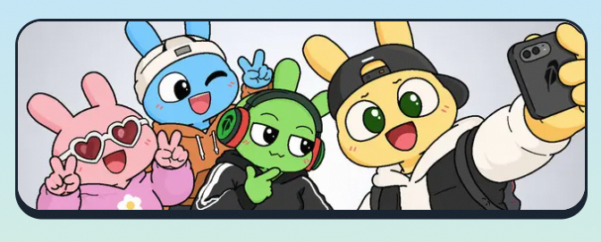 Cartoon illustration of four colorful rabbit-like characters in streetwear and cute poses, with one holding up a phone to take a selfie.