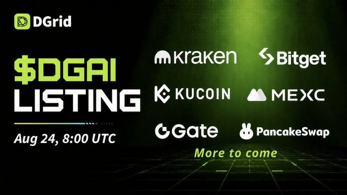 The image is a promotional announcement for DGrid's $DGAI token listing on August 24 at 8:00 UTC, displaying partner exchange logos including Kraken, Bitget, KuCoin, MEXC, Gate, and PancakeSwap with "More to come" text, highlighting the project's transition from its decentralized AI infrastructure development to public market availability.