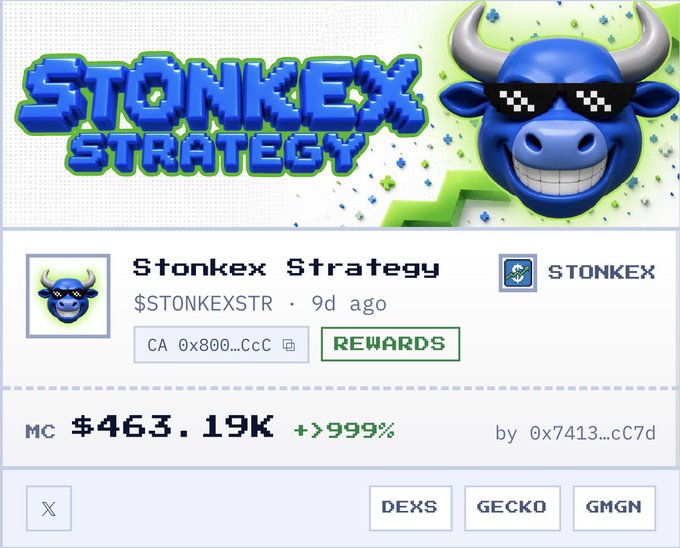 A webpage displays the 'Stonkex Strategy' cryptocurrency project, ticker $STONKEXSTR, featuring a blue bull logo with pixelated sunglasses, showing a market cap of $463.19K with a +>999% change.