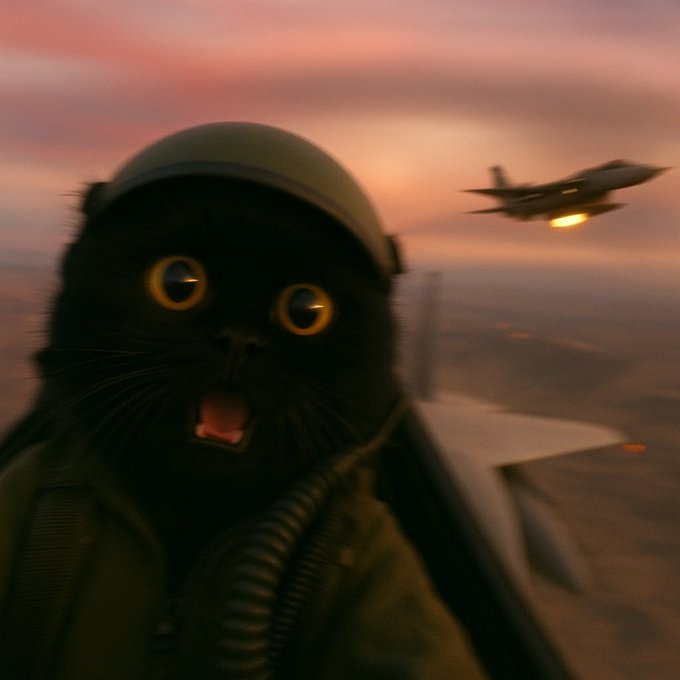 A black cat in a fighter pilot helmet appears wide-eyed and awestruck in the cockpit, with a jet flying alongside during a dramatic sunset, fittingly capturing the thrill and adrenaline of a "$yolo" moment.